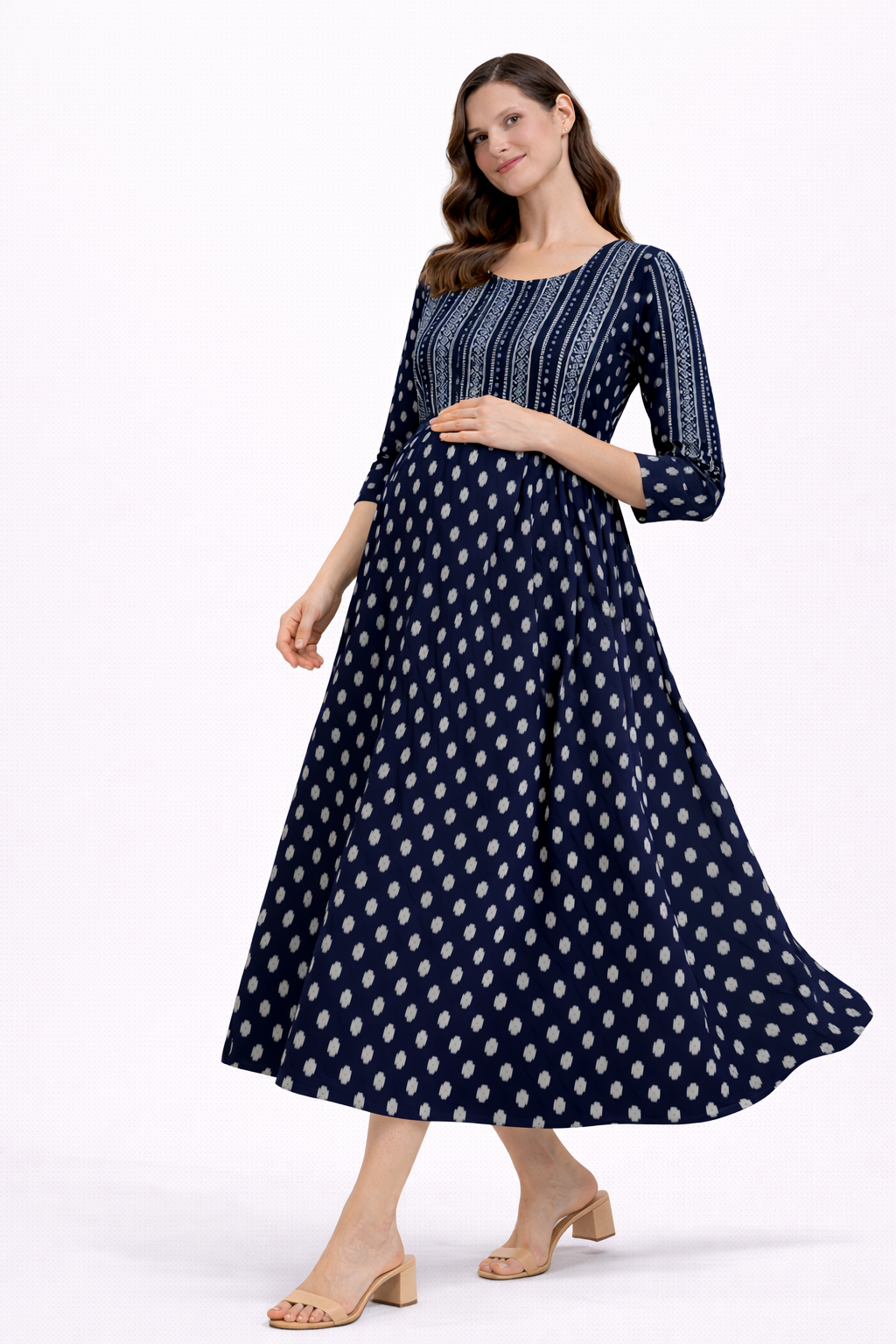 Navy Blue Ethnic Printed Maternity Umbrella Kurti with Double Side Invisible Zip – Cotton Blend Feeding Wear