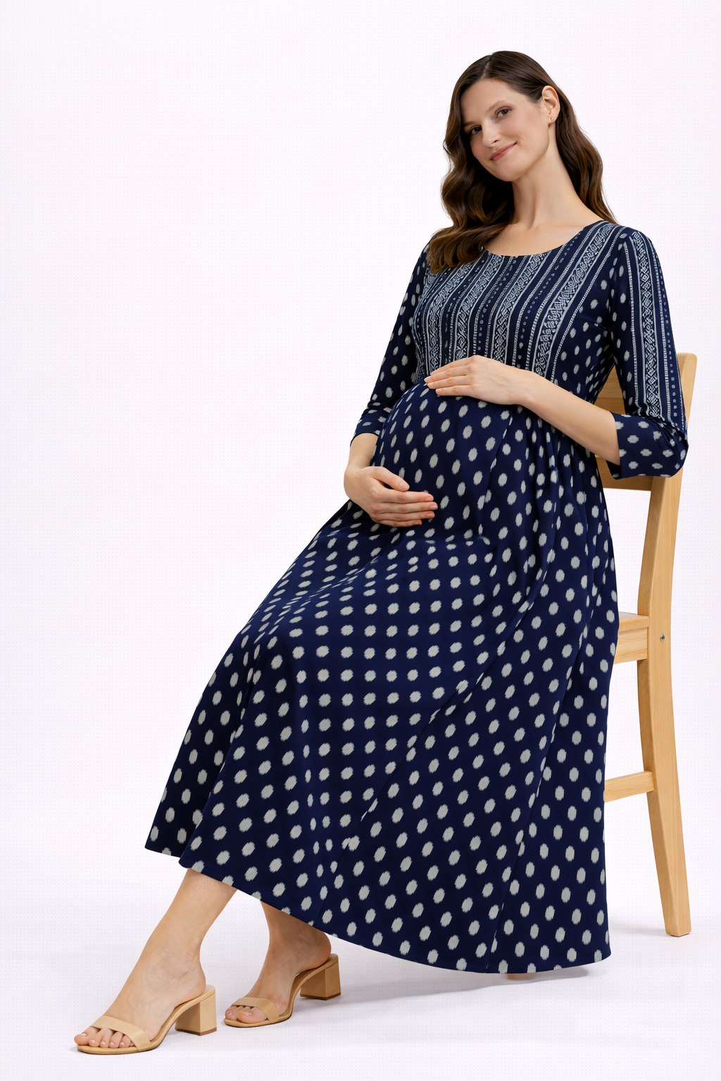 Navy Blue Ethnic Printed Maternity Umbrella Kurti with Double Side Invisible Zip – Cotton Blend Feeding Wear