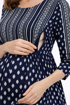 Navy Blue Ethnic Printed Maternity Umbrella Kurti with Double Side Invisible Zip – Cotton Blend Feeding Wear