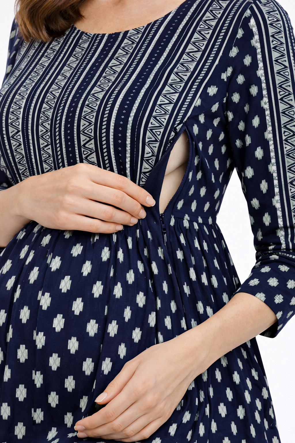 Navy Blue Ethnic Printed Maternity Umbrella Kurti with Double Side Invisible Zip – Cotton Blend Feeding Wear