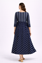 Navy Blue Ethnic Printed Maternity Umbrella Kurti with Double Side Invisible Zip – Cotton Blend Feeding Wear