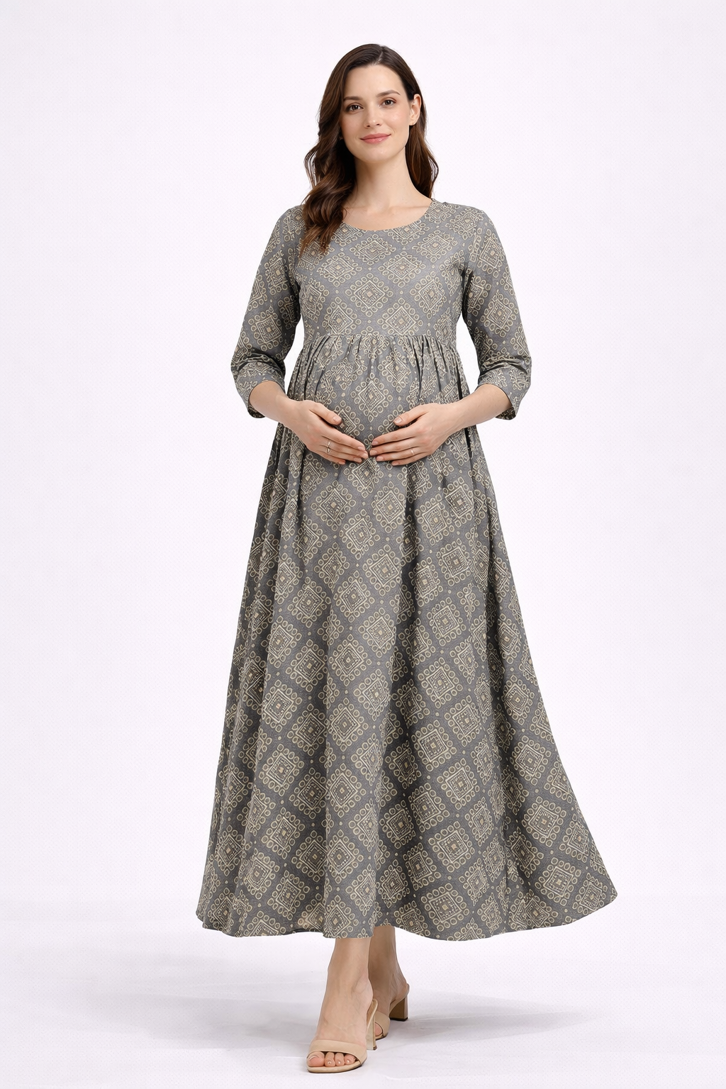 Grey Geometric Printed Maternity Umbrella Kurti with Double Side Invisible Zip – Cotton Blend Feeding Wear