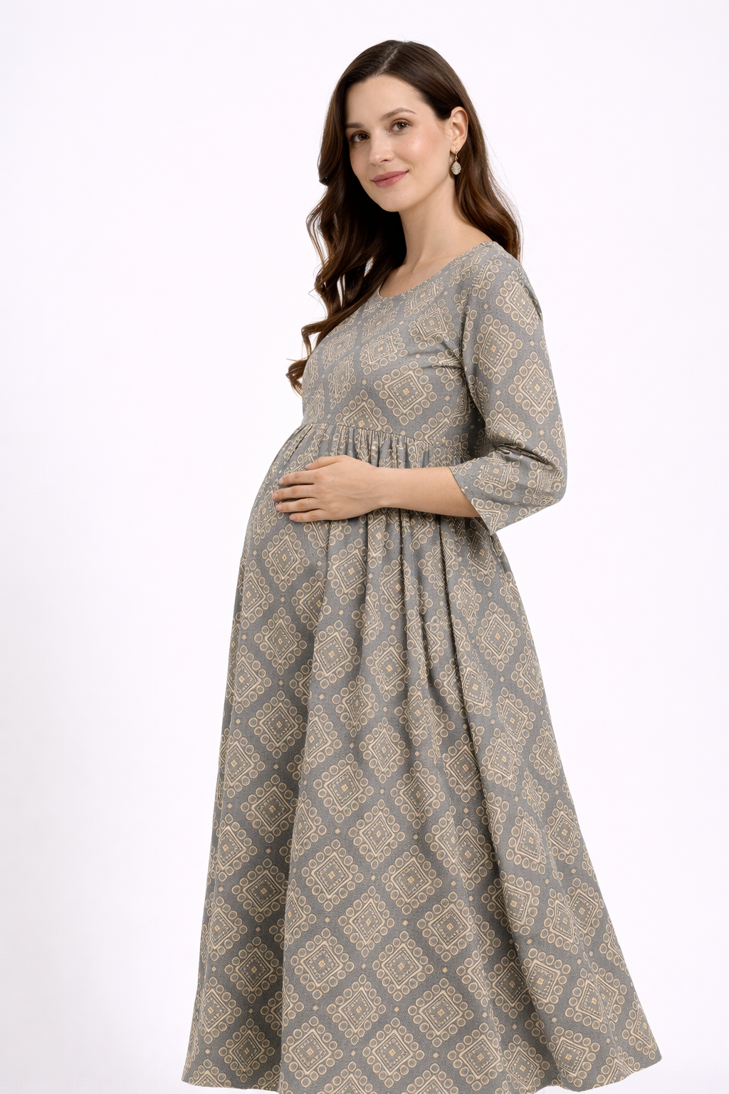 Grey Geometric Printed Maternity Umbrella Kurti with Double Side Invisible Zip – Cotton Blend Feeding Wear