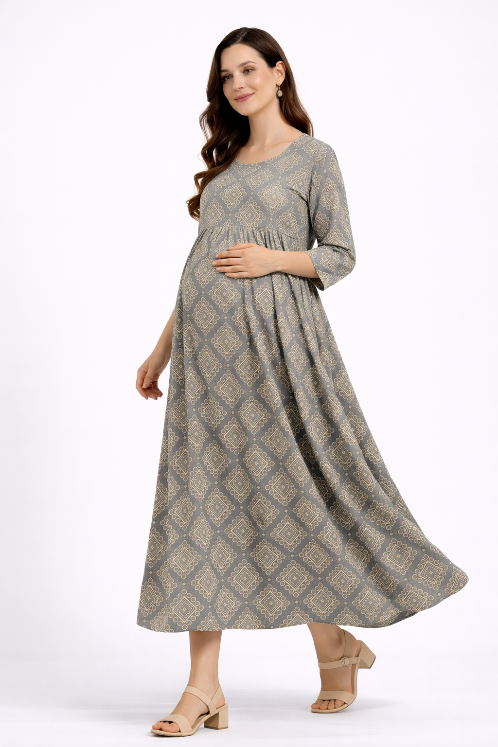 Grey Geometric Printed Maternity Umbrella Kurti with Double Side Invisible Zip – Cotton Blend Feeding Wear