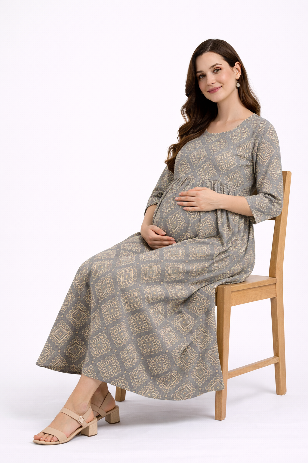 Grey Geometric Printed Maternity Umbrella Kurti with Double Side Invisible Zip – Cotton Blend Feeding Wear