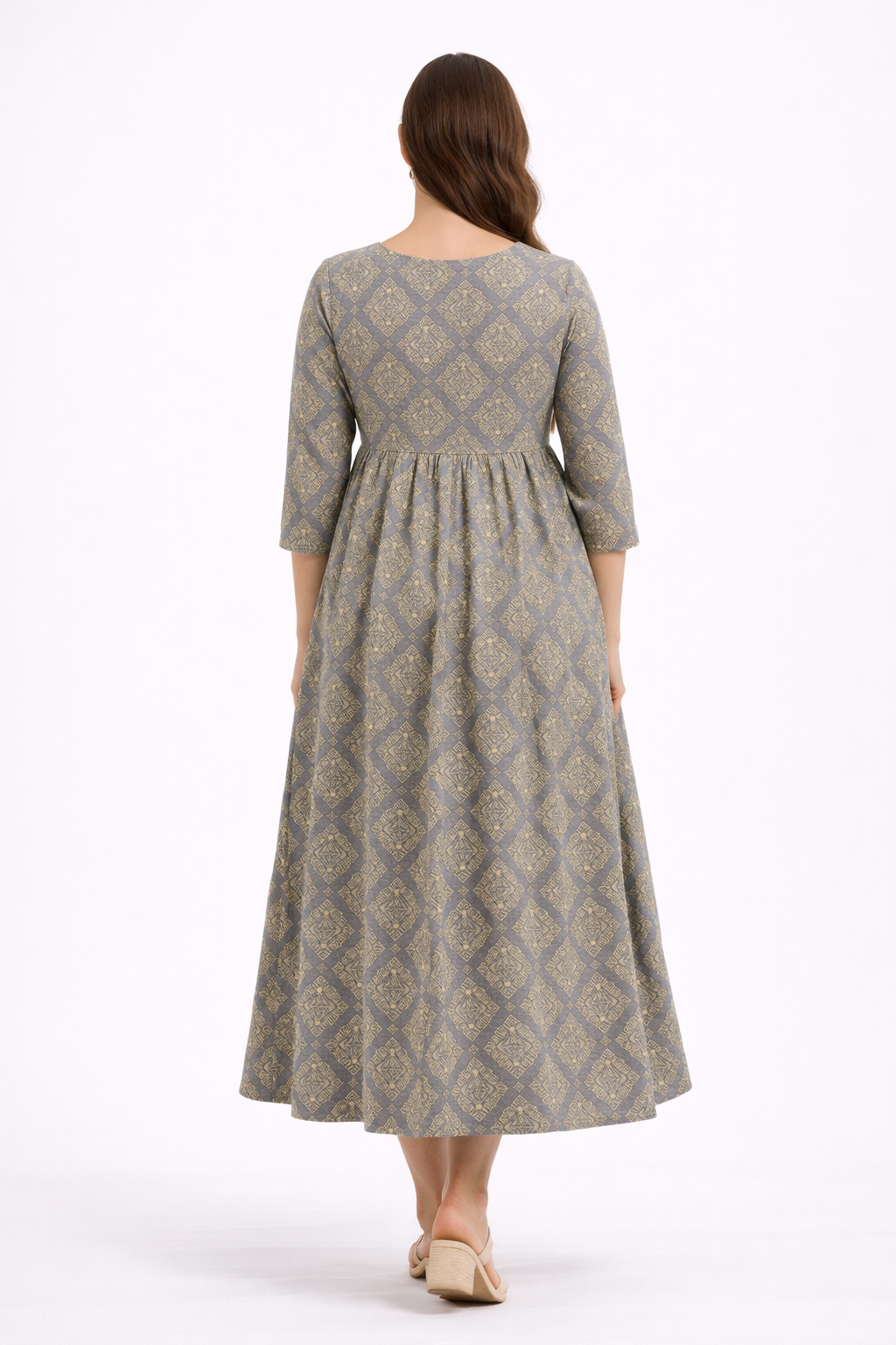 Grey Geometric Printed Maternity Umbrella Kurti with Double Side Invisible Zip – Cotton Blend Feeding Wear