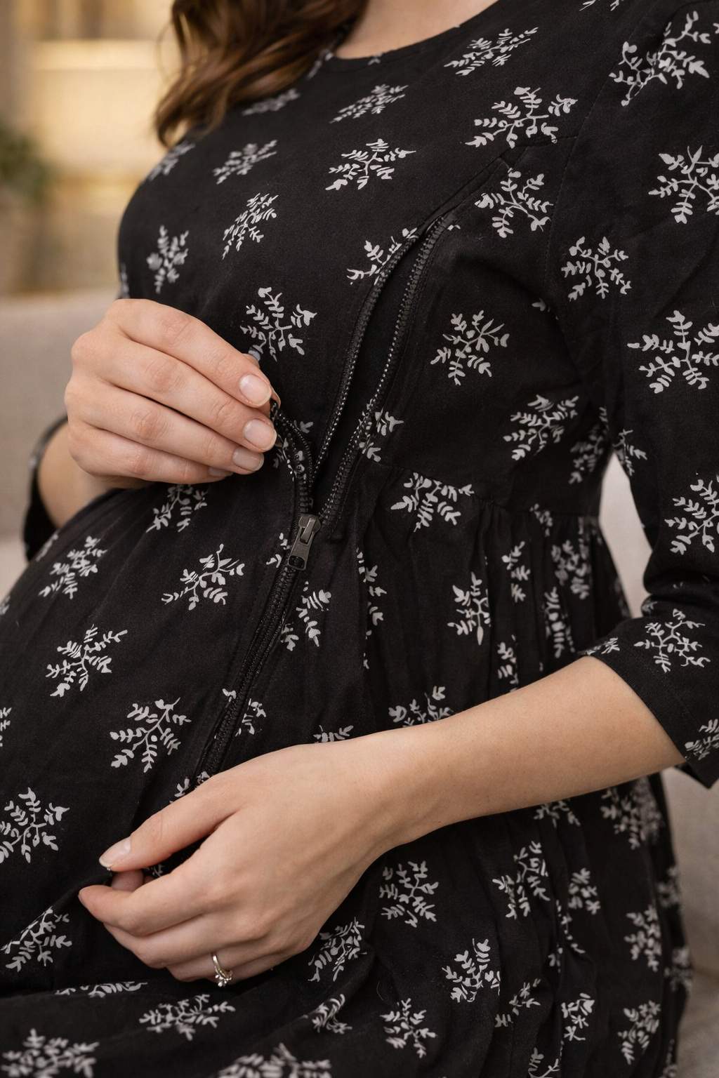 Black Maternity Umbrella Kurti with Double Side Invisible Zip – Cotton Blend Feeding Wear