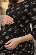 Black Maternity Umbrella Kurti with Double Side Invisible Zip – Cotton Blend Feeding Wear