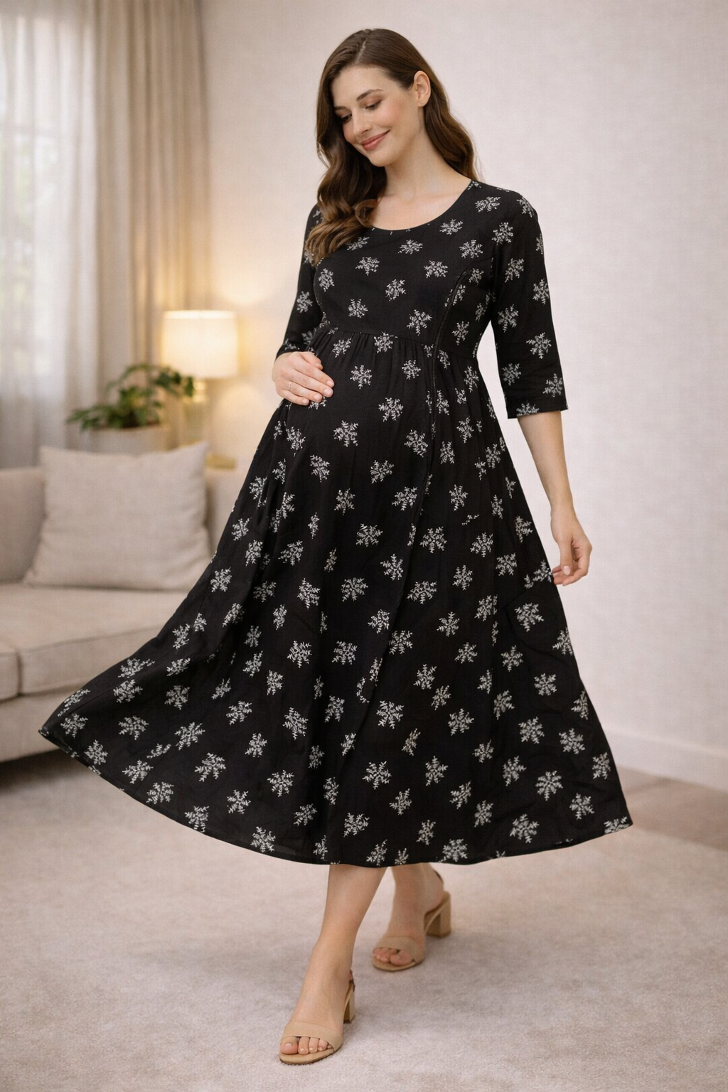 Black Maternity Umbrella Kurti with Double Side Invisible Zip – Cotton Blend Feeding Wear