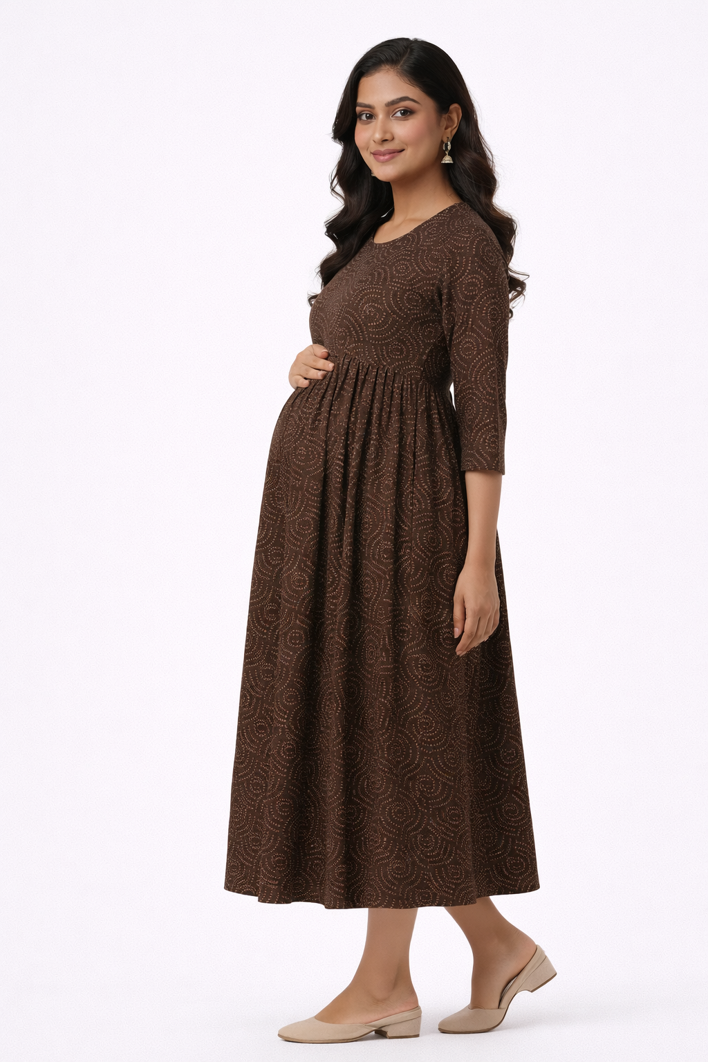 Brown Printed Maternity Umbrella Kurti with Double Side Invisible Zip – Cotton Blend Feeding Wear