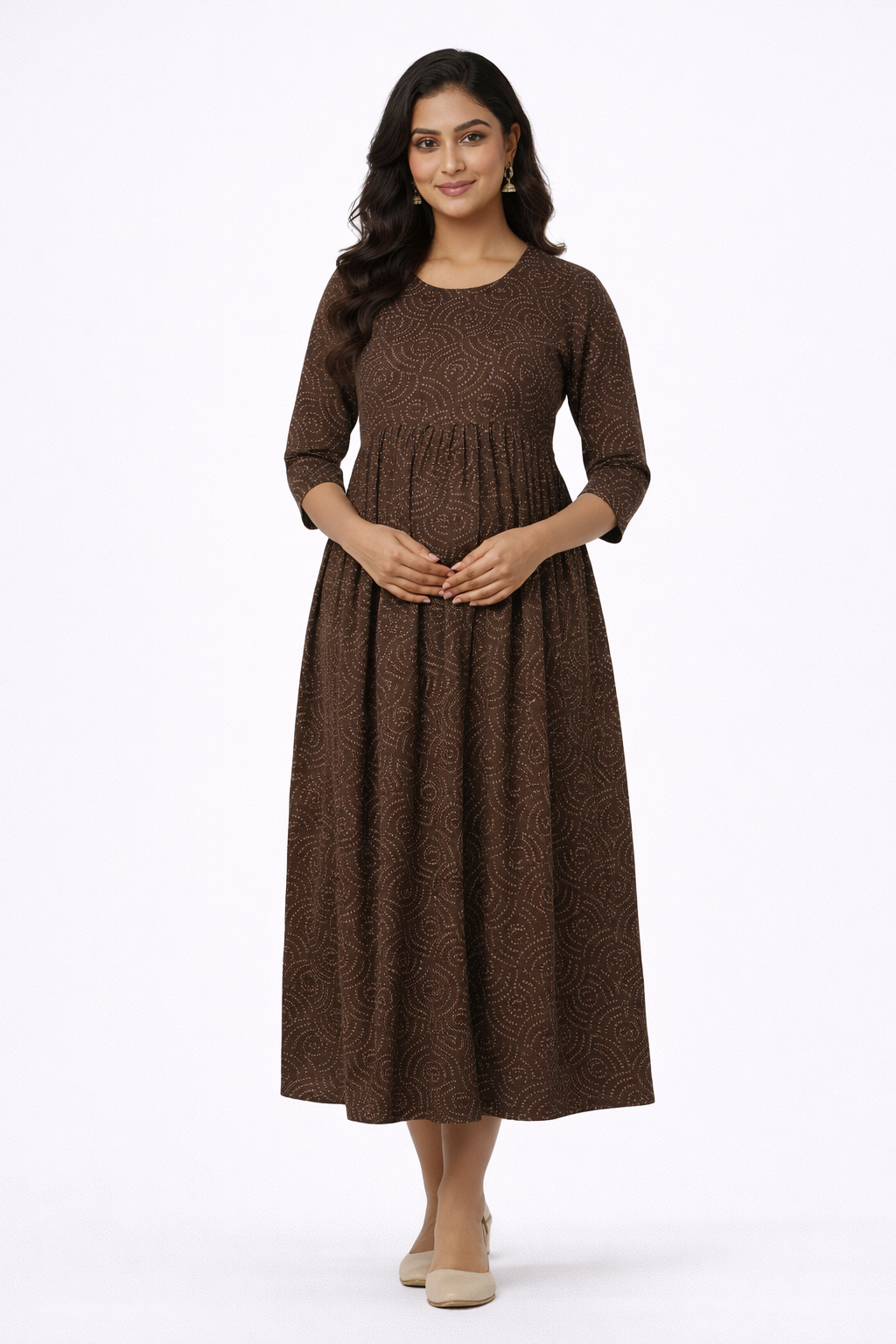 Brown Printed Maternity Umbrella Kurti with Double Side Invisible Zip – Cotton Blend Feeding Wear
