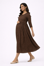 Brown Printed Maternity Umbrella Kurti with Double Side Invisible Zip – Cotton Blend Feeding Wear