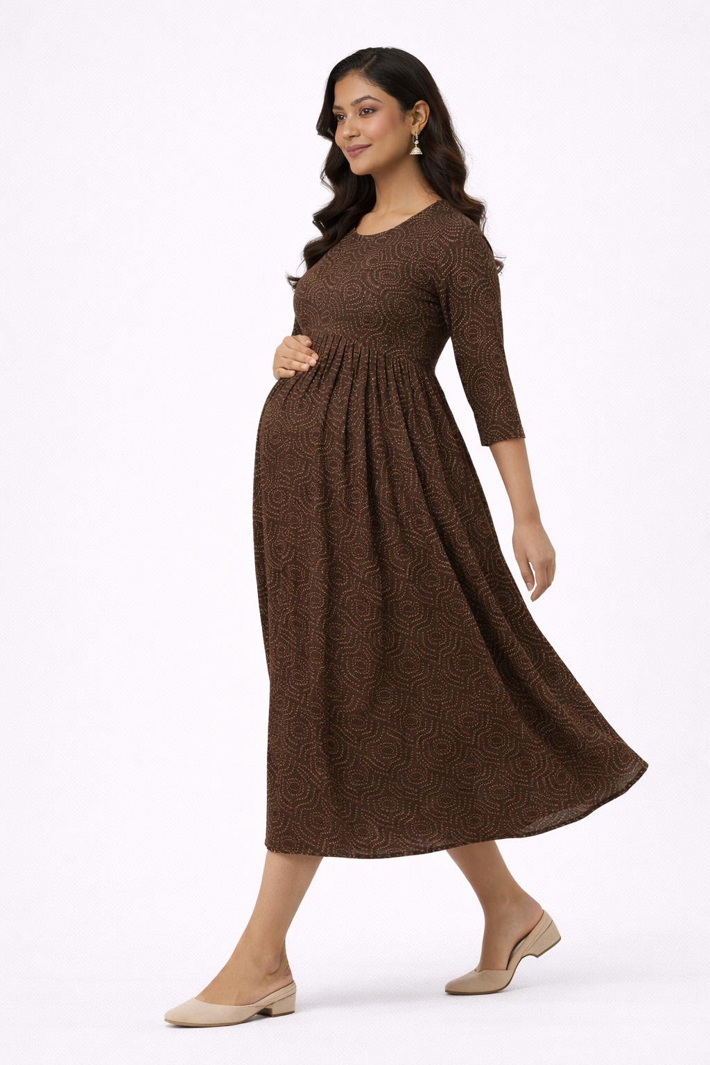 Brown Printed Maternity Umbrella Kurti with Double Side Invisible Zip – Cotton Blend Feeding Wear