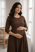 Brown Printed Maternity Umbrella Kurti with Double Side Invisible Zip – Cotton Blend Feeding Wear