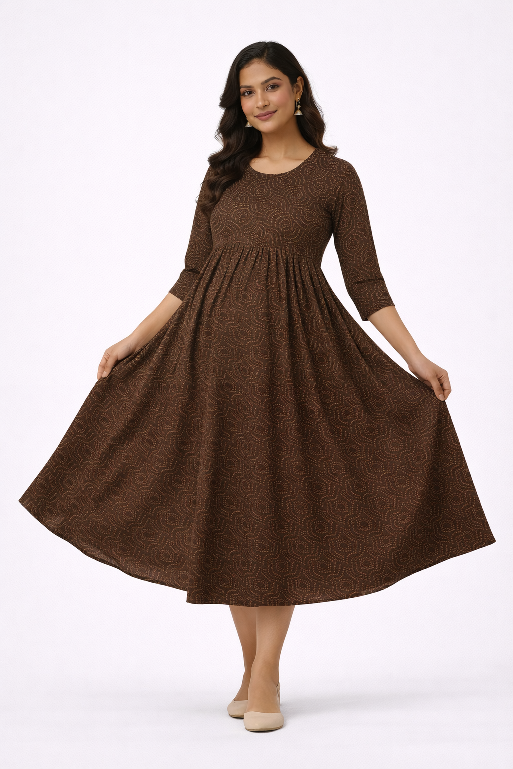 Brown Printed Maternity Umbrella Kurti with Double Side Invisible Zip – Cotton Blend Feeding Wear