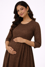 Brown Printed Maternity Umbrella Kurti with Double Side Invisible Zip – Cotton Blend Feeding Wear