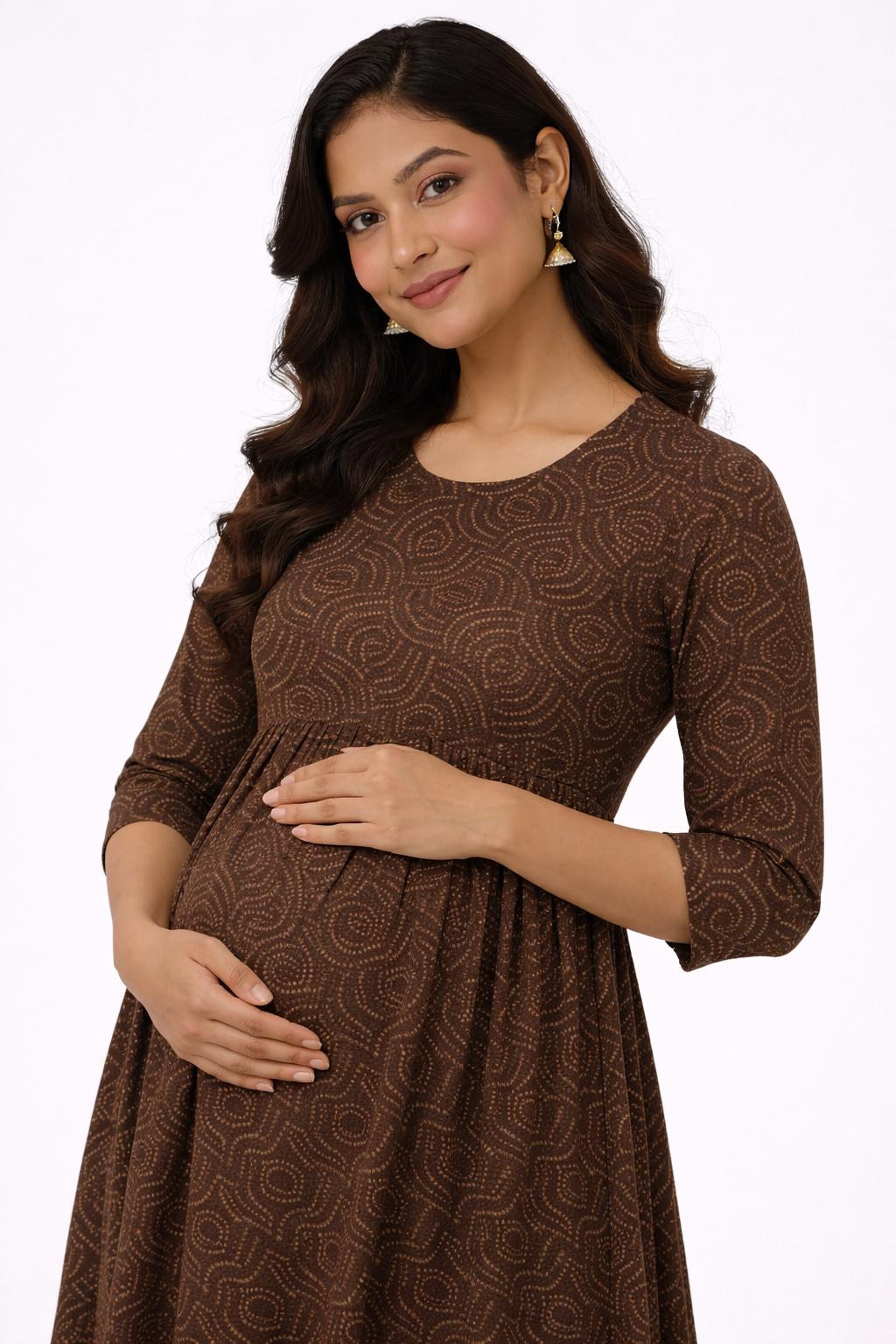 Brown Printed Maternity Umbrella Kurti with Double Side Invisible Zip – Cotton Blend Feeding Wear