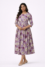 Lavender Floral Printed Maternity Umbrella Kurti with Double Side Invisible Zip – Cotton Blend Feeding Wear