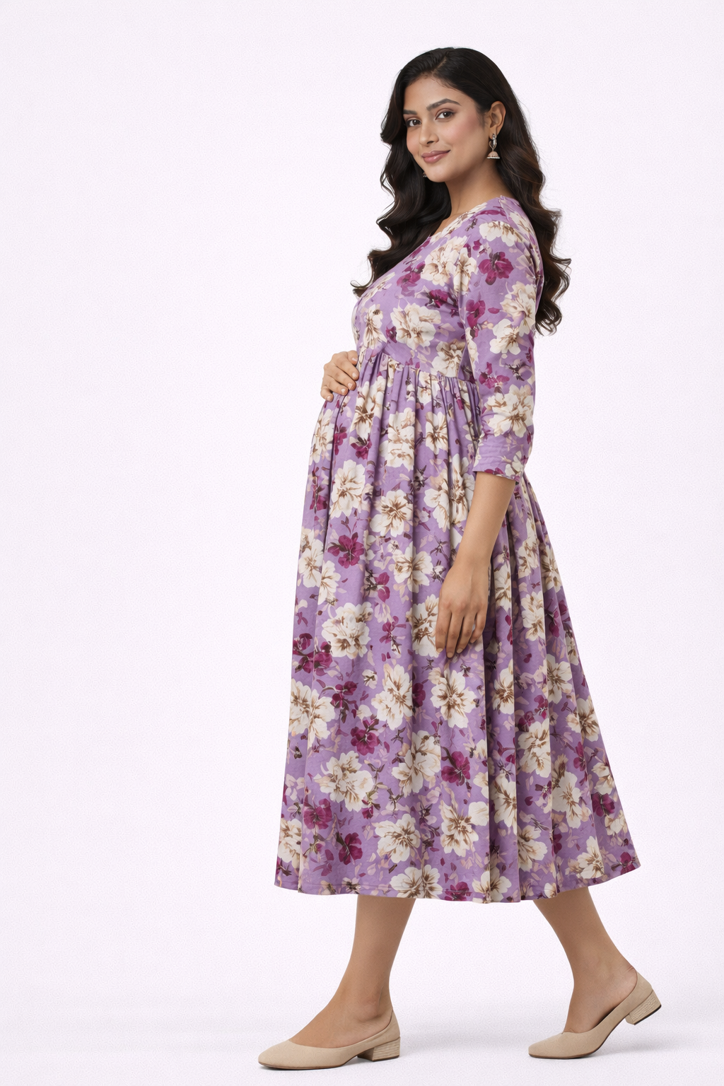 Lavender Floral Printed Maternity Umbrella Kurti with Double Side Invisible Zip – Cotton Blend Feeding Wear
