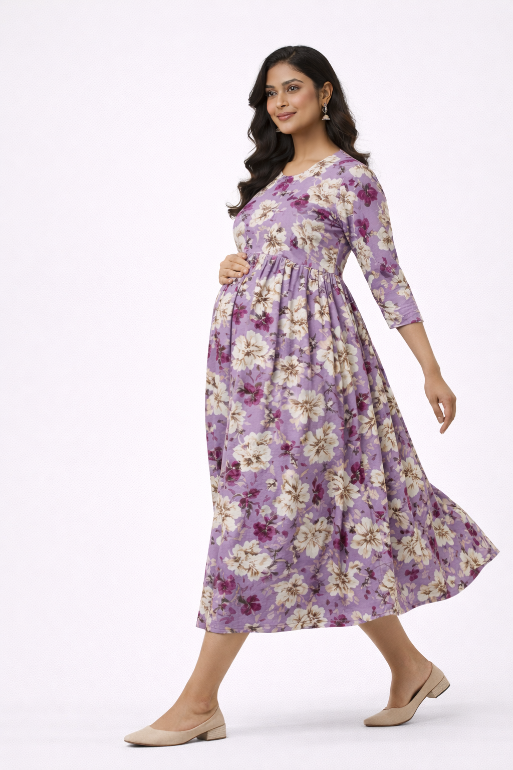 Lavender Floral Printed Maternity Umbrella Kurti with Double Side Invisible Zip – Cotton Blend Feeding Wear