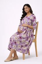 Lavender Floral Printed Maternity Umbrella Kurti with Double Side Invisible Zip – Cotton Blend Feeding Wear