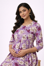Lavender Floral Printed Maternity Umbrella Kurti with Double Side Invisible Zip – Cotton Blend Feeding Wear