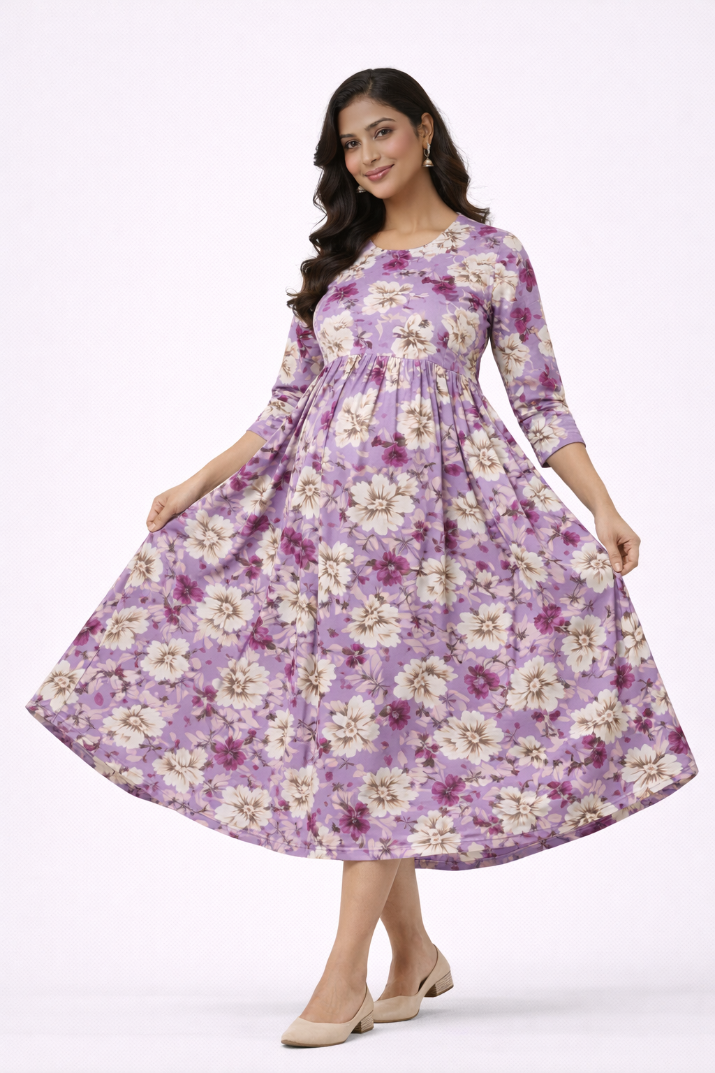 Lavender Floral Printed Maternity Umbrella Kurti with Double Side Invisible Zip – Cotton Blend Feeding Wear