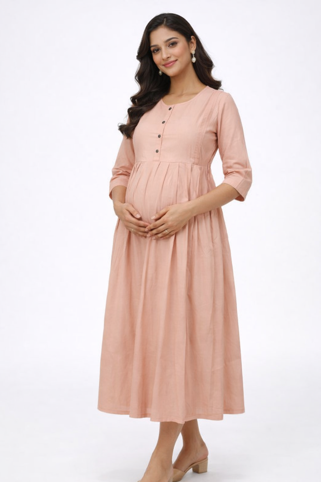 Peach Solid Maternity Kurti with Front Buttons & Double Side Invisible Zip – Cotton Blend Feeding Wear