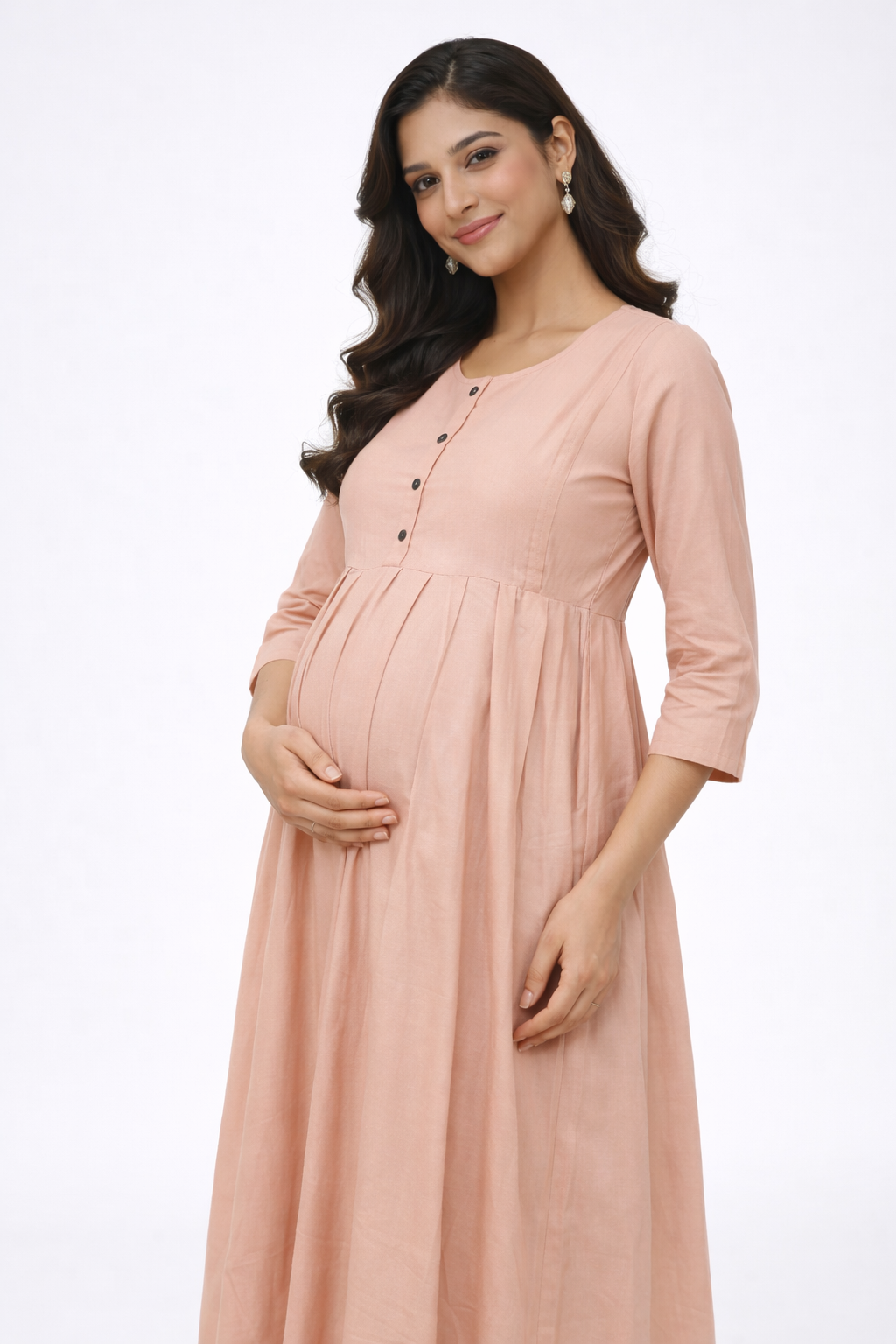 Peach Solid Maternity Kurti with Front Buttons & Double Side Invisible Zip – Cotton Blend Feeding Wear
