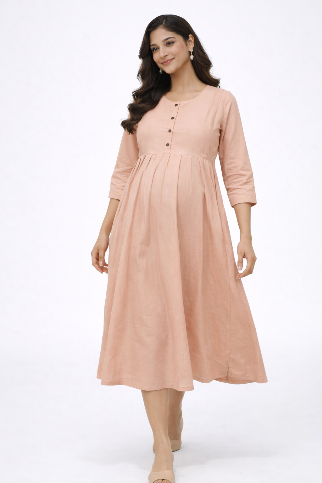 Peach Solid Maternity Kurti with Front Buttons & Double Side Invisible Zip – Cotton Blend Feeding Wear