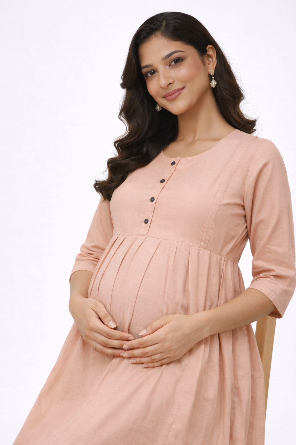 Peach Solid Maternity Kurti with Front Buttons & Double Side Invisible Zip – Cotton Blend Feeding Wear