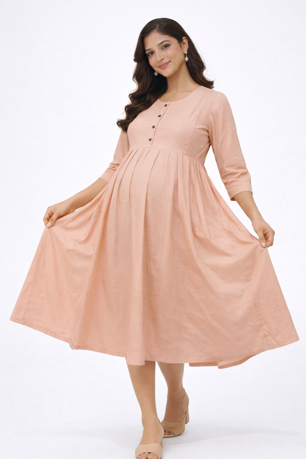 Peach Solid Maternity Kurti with Front Buttons & Double Side Invisible Zip – Cotton Blend Feeding Wear