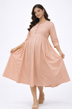 Peach Solid Maternity Kurti with Front Buttons & Double Side Invisible Zip – Cotton Blend Feeding Wear