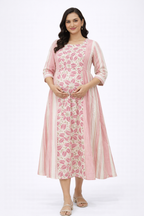 White & Pink Floral Printed Maternity Umbrella Kurti with Double Side Invisible Zip – Cotton Blend Feeding Wear