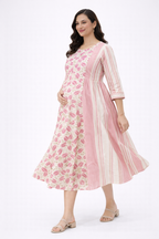 White & Pink Floral Printed Maternity Umbrella Kurti with Double Side Invisible Zip – Cotton Blend Feeding Wear