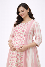 White & Pink Floral Printed Maternity Umbrella Kurti with Double Side Invisible Zip – Cotton Blend Feeding Wear