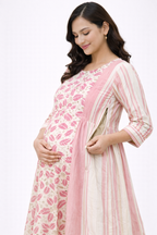 White & Pink Floral Printed Maternity Umbrella Kurti with Double Side Invisible Zip – Cotton Blend Feeding Wear