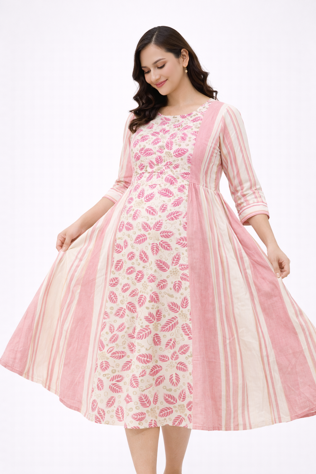White & Pink Floral Printed Maternity Umbrella Kurti with Double Side Invisible Zip – Cotton Blend Feeding Wear
