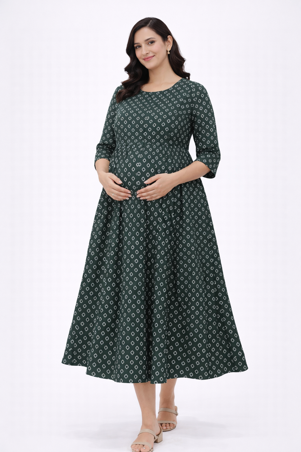 Dark Green Geometric Printed Maternity Umbrella Kurti with Double Side Invisible Zip