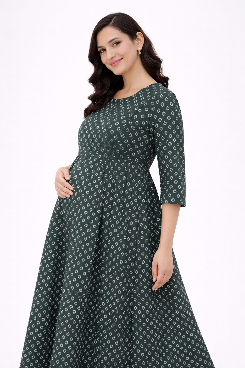 Dark Green Geometric Printed Maternity Umbrella Kurti with Double Side Invisible Zip