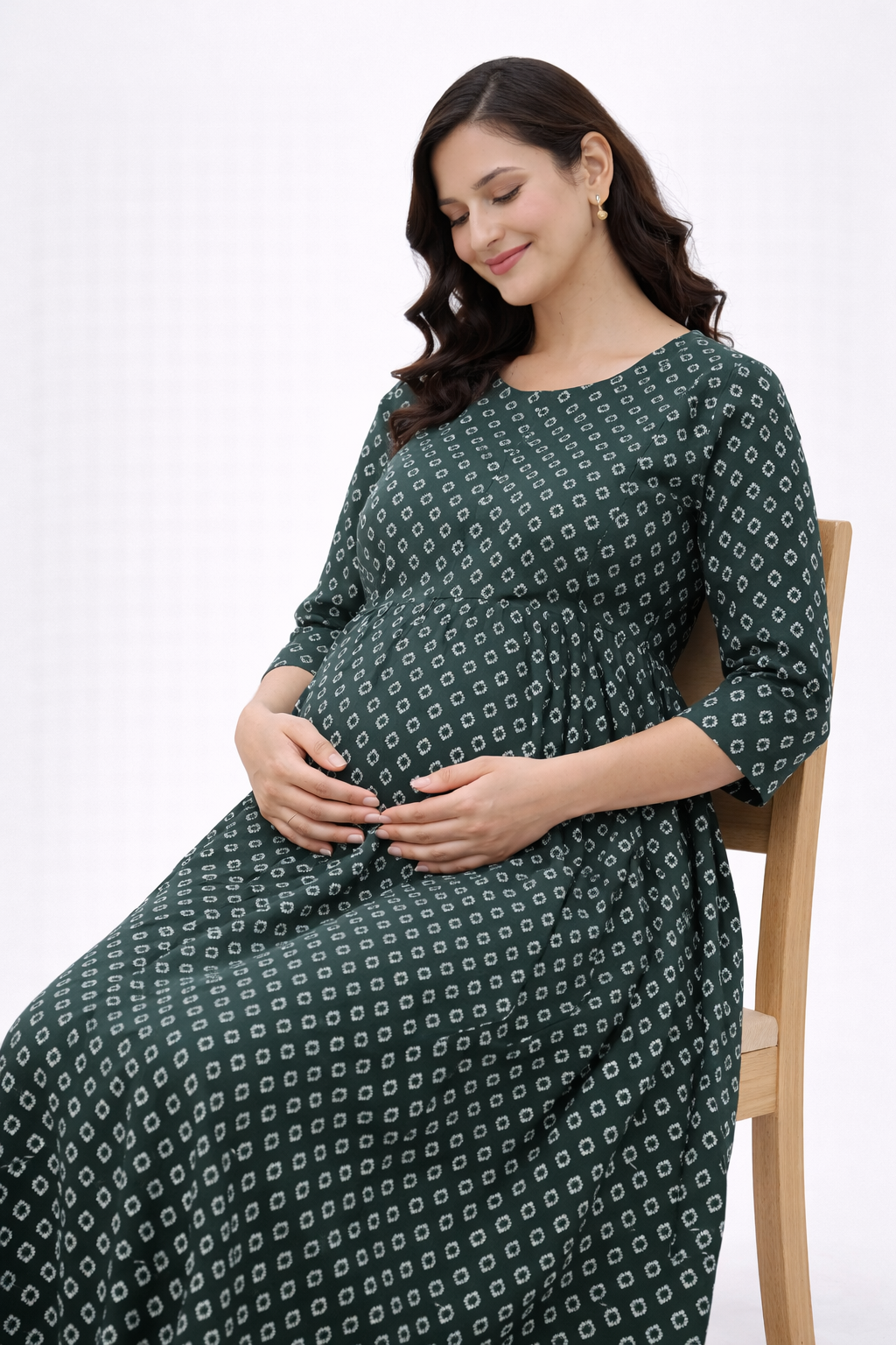 Dark Green Geometric Printed Maternity Umbrella Kurti with Double Side Invisible Zip