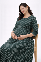 Dark Green Geometric Printed Maternity Umbrella Kurti with Double Side Invisible Zip