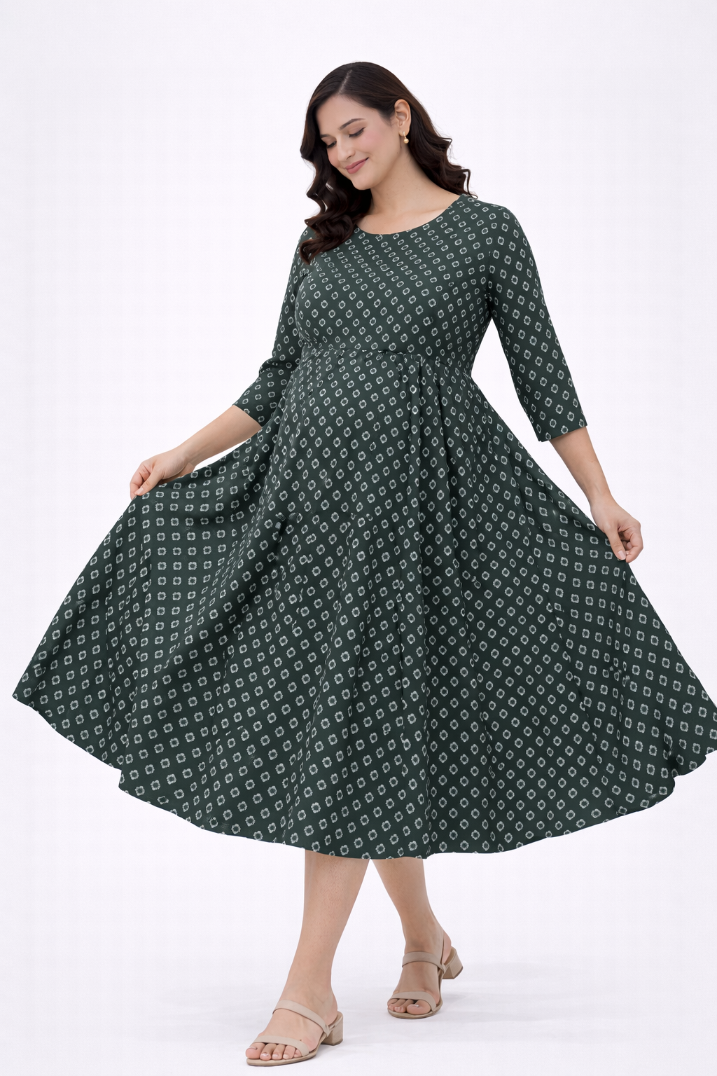 Dark Green Geometric Printed Maternity Umbrella Kurti with Double Side Invisible Zip