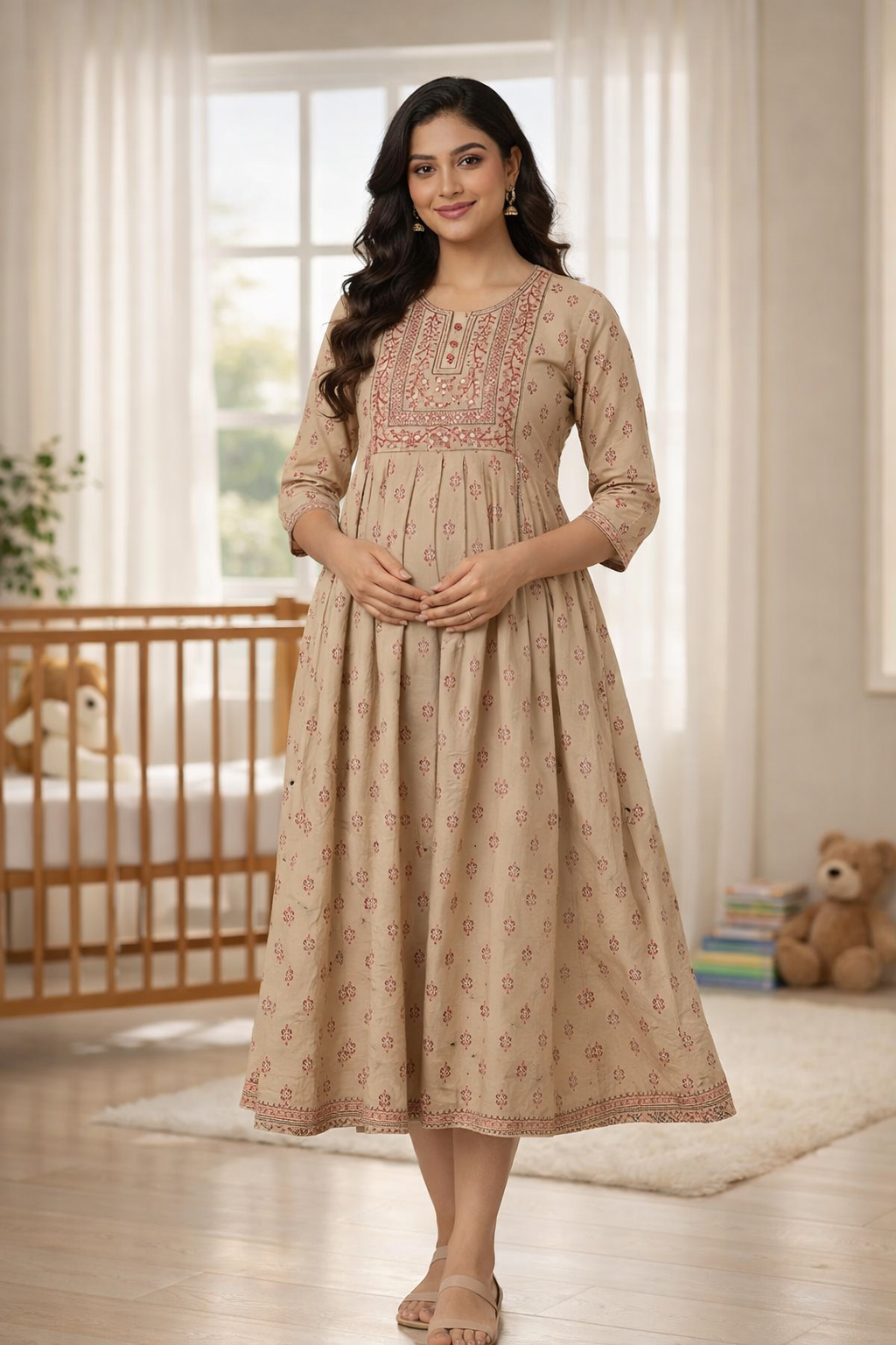 Sandal Printed Maternity Feeding Dress with Double Side Zip – Cotton Blend Umbrella Kurti