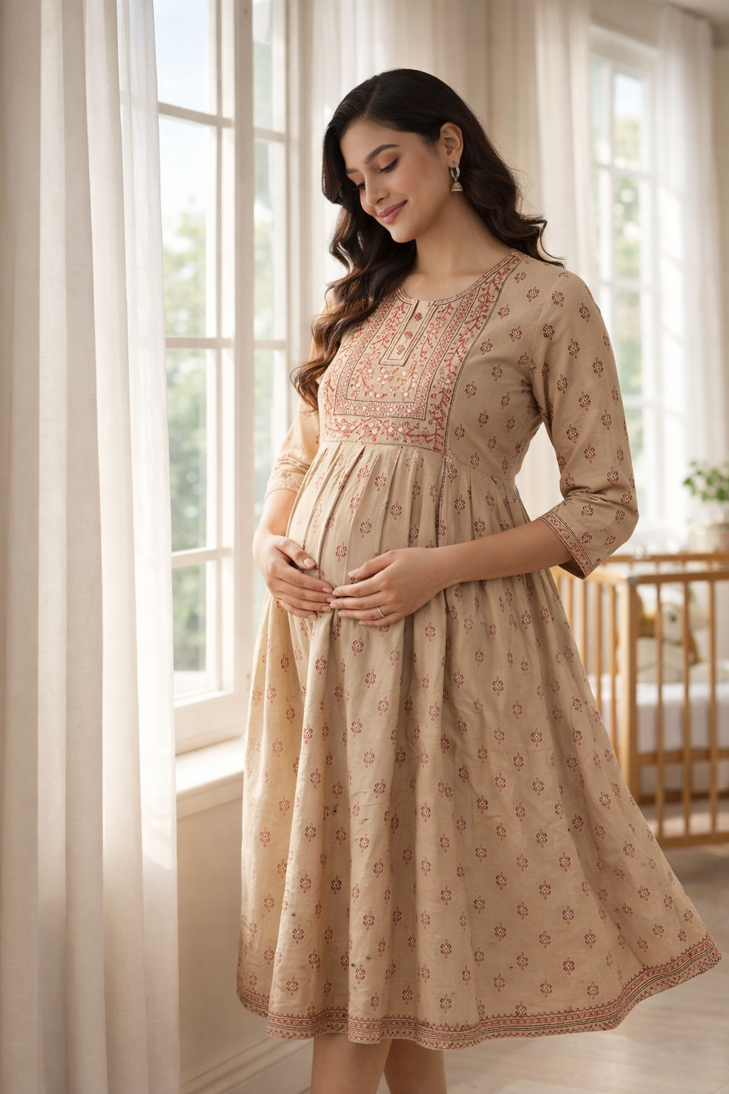 Sandal Printed Maternity Feeding Dress with Double Side Zip – Cotton Blend Umbrella Kurti