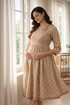 Sandal Printed Maternity Feeding Dress with Double Side Zip – Cotton Blend Umbrella Kurti