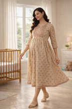 Sandal Printed Maternity Feeding Dress with Double Side Zip – Cotton Blend Umbrella Kurti