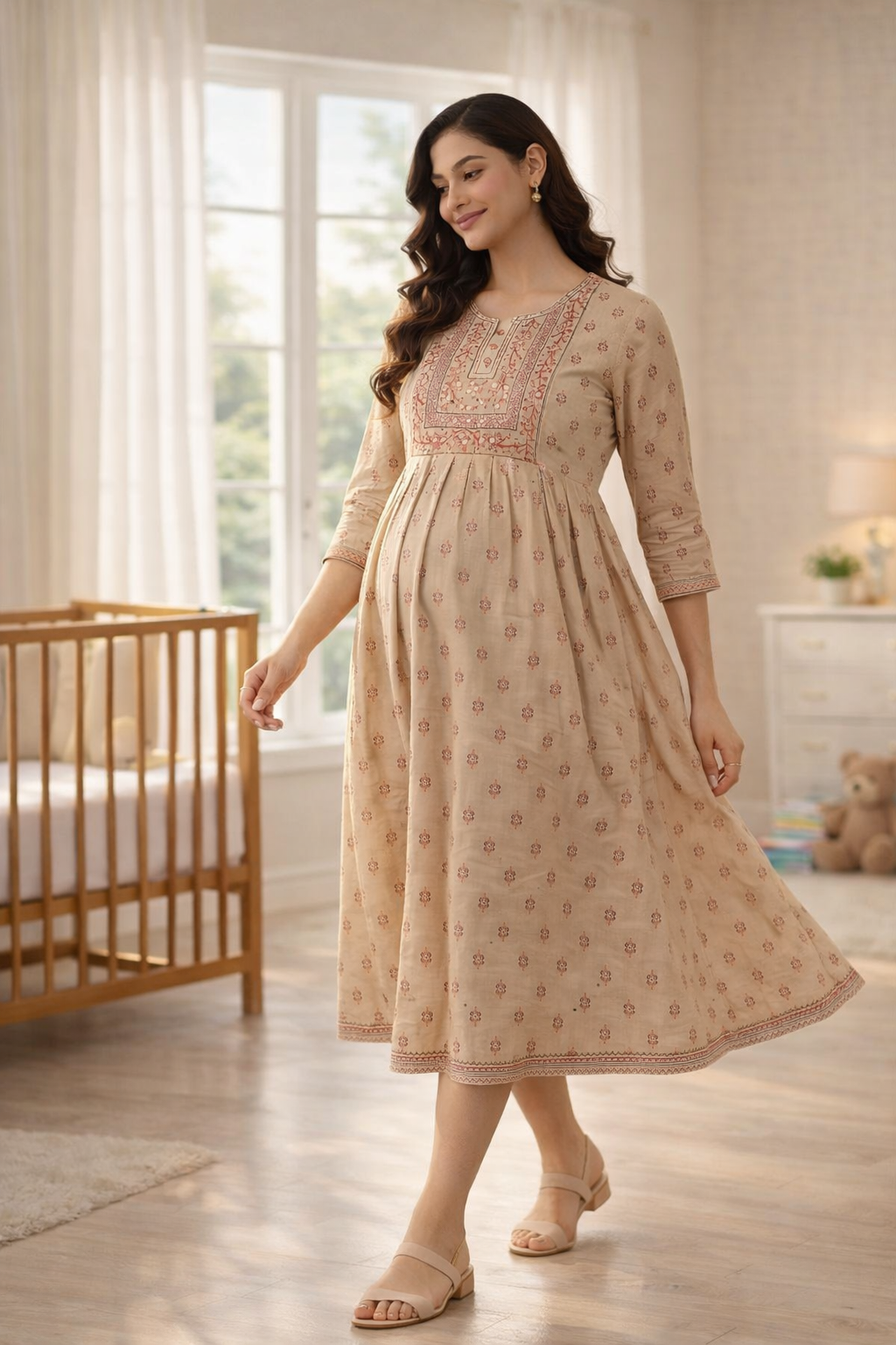 Sandal Printed Maternity Feeding Dress with Double Side Zip – Cotton Blend Umbrella Kurti