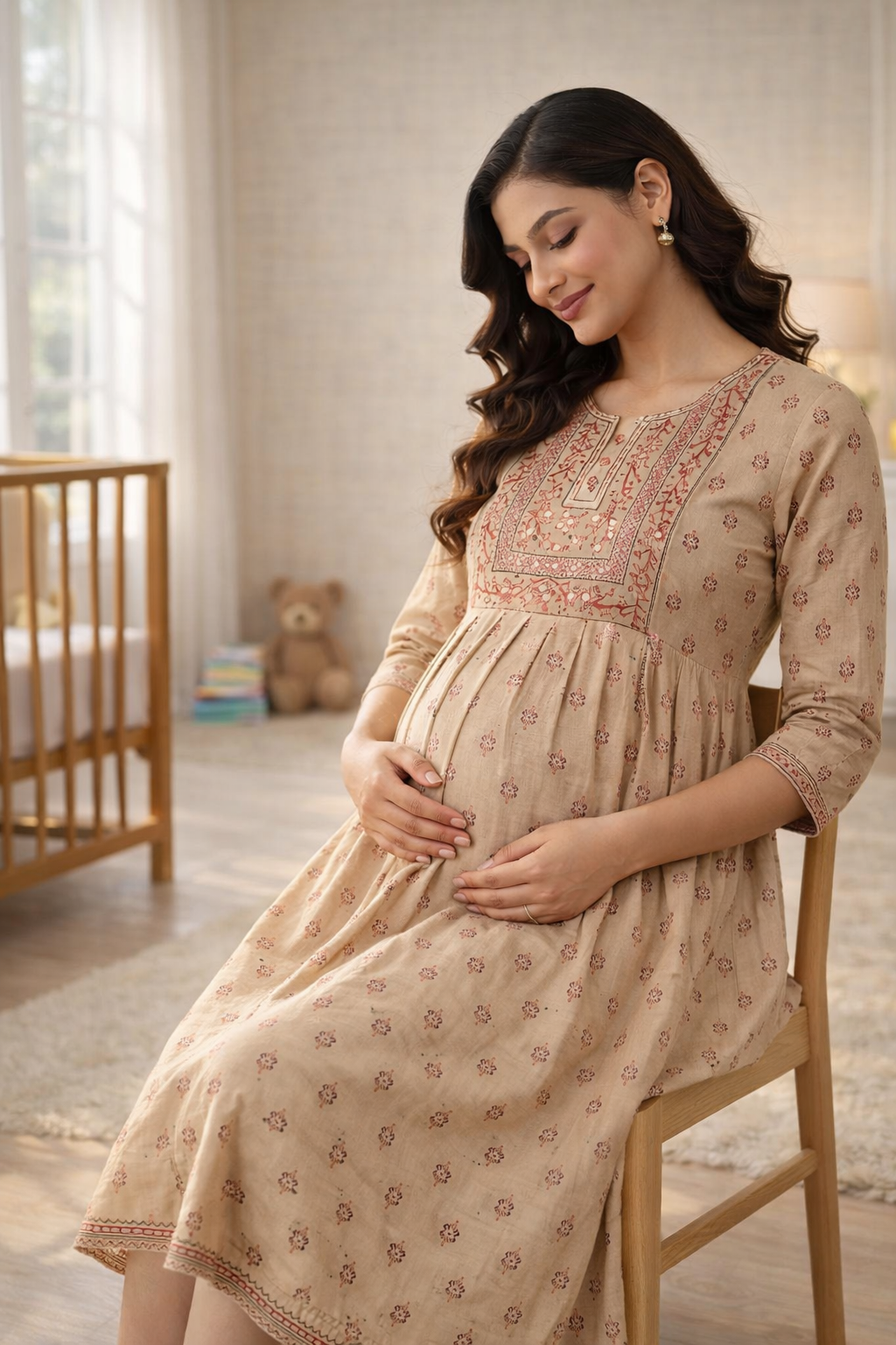 Sandal Printed Maternity Feeding Dress with Double Side Zip – Cotton Blend Umbrella Kurti
