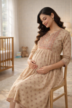 Sandal Printed Maternity Feeding Dress with Double Side Zip – Cotton Blend Umbrella Kurti